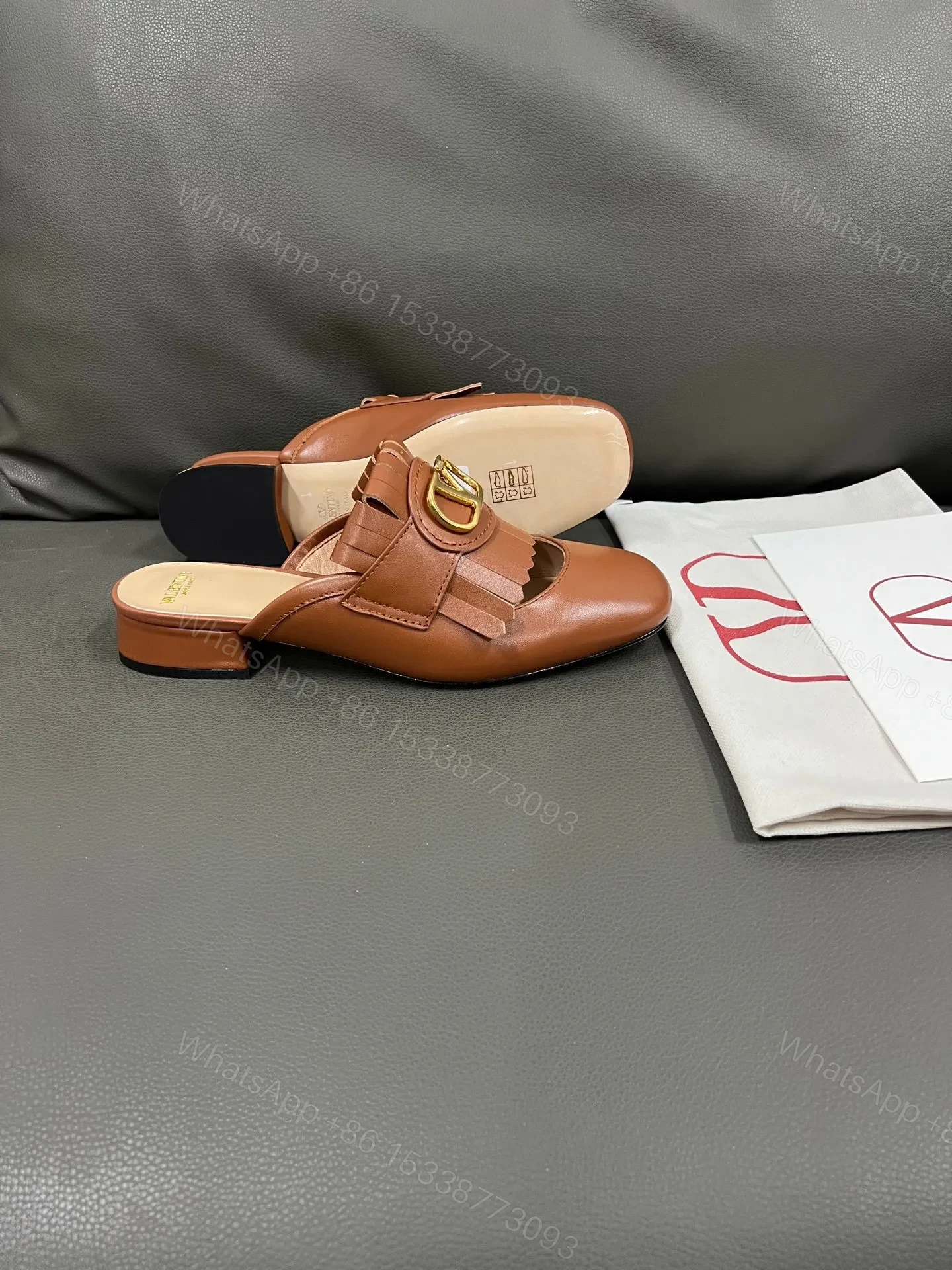 View 2 of Valentino Women Brown Leather Fringe Mules