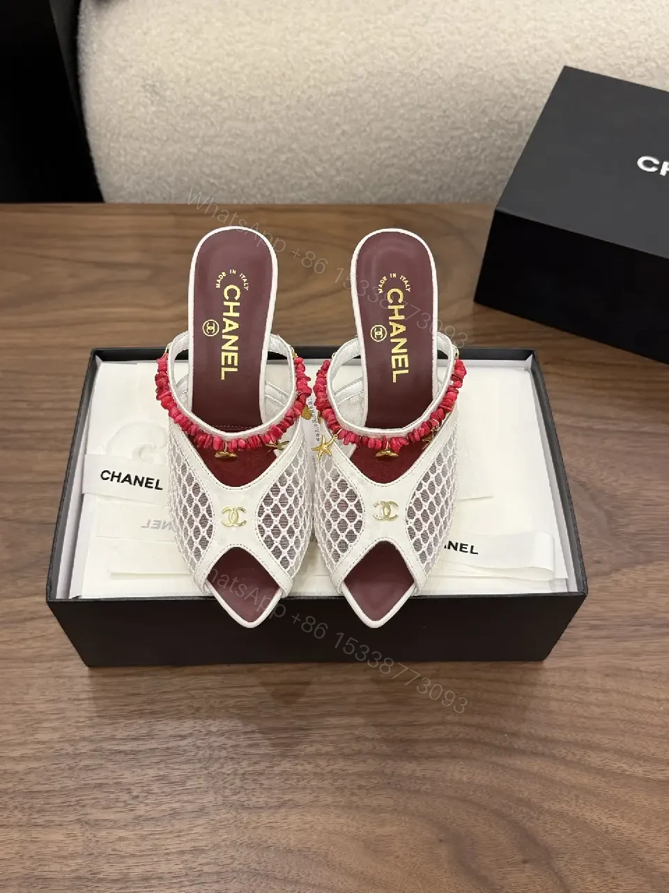 View 3 of White Mesh Slingback Heels with Red Bead Trim, Chanel Style
