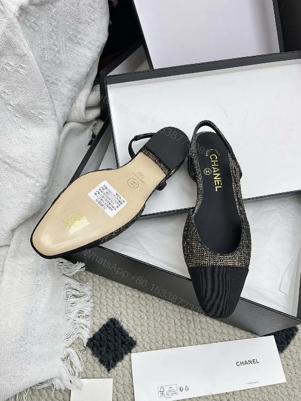 View 2 of Tweed-Textured Flats with Black Cap Toe - Ballet Style, Bowed Details