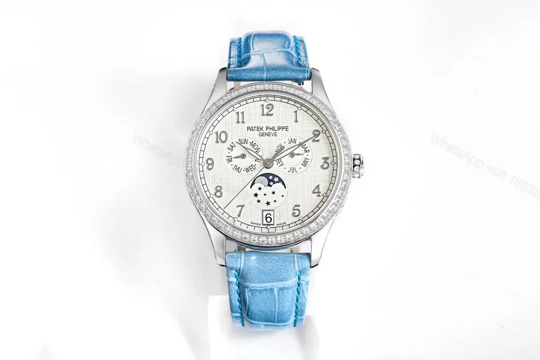 Patek Philippe Complications Series Annual Calendar Moon Phase Women’s Watch 4947R/4947G 4948R/4948G White Dial with Blue Leather Strap Diamond Set Case — view 1