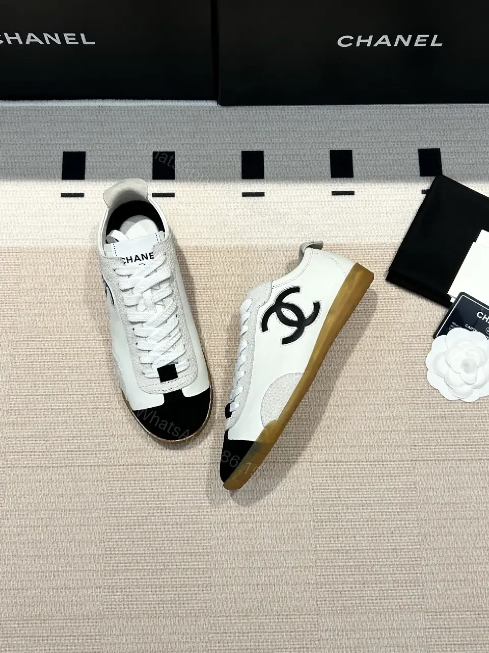 View 2 of White Leather Sneaker with Bold Logo, Gum Sole, Luxury Chic