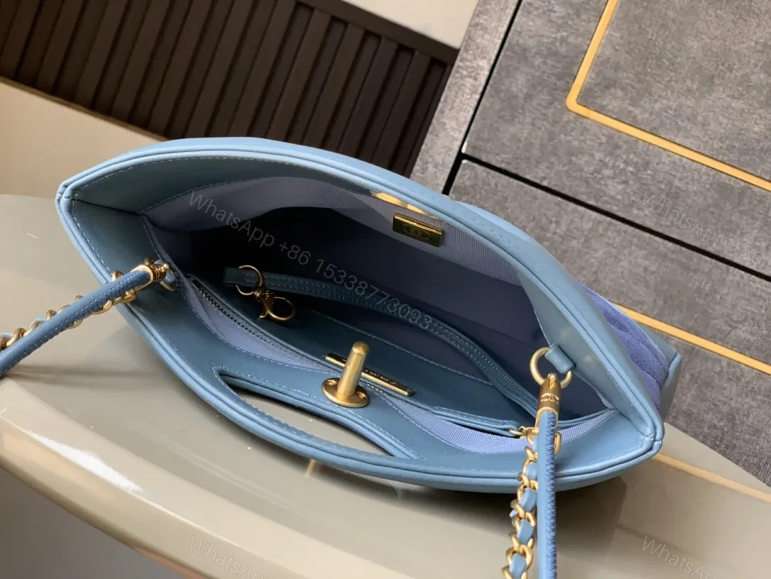 View 7 of Quilted Mint-Blue Tote with Gold Hardware, Chic Style