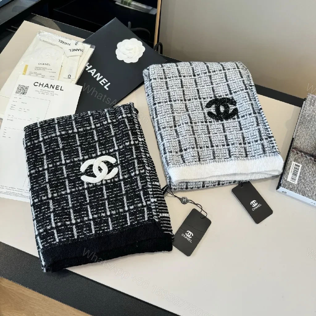 View 5 of Monochrome Knit Scarf-Wrap: Luxe Logo Detail, Grid Pattern