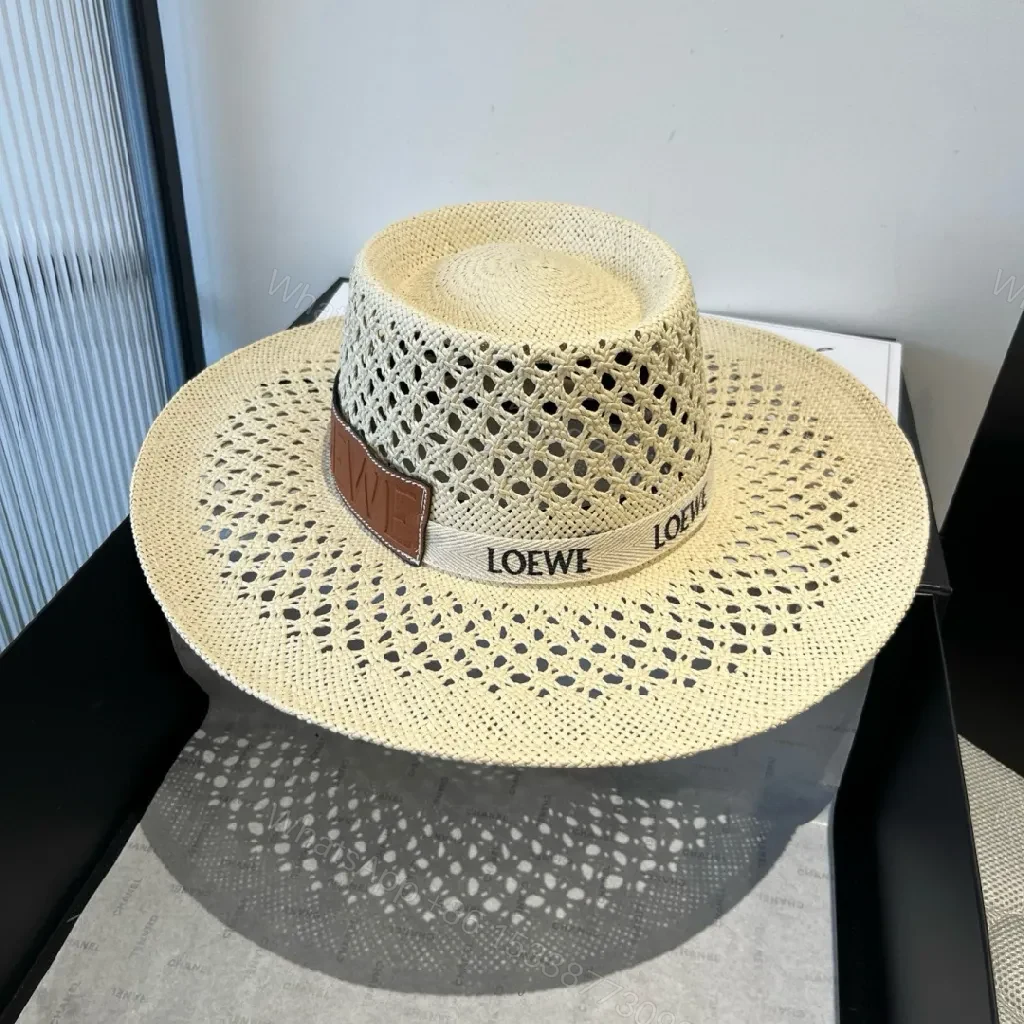 View 5 of Lux Straw Hat with LOEWE Band, Breathable Open-Weave Style