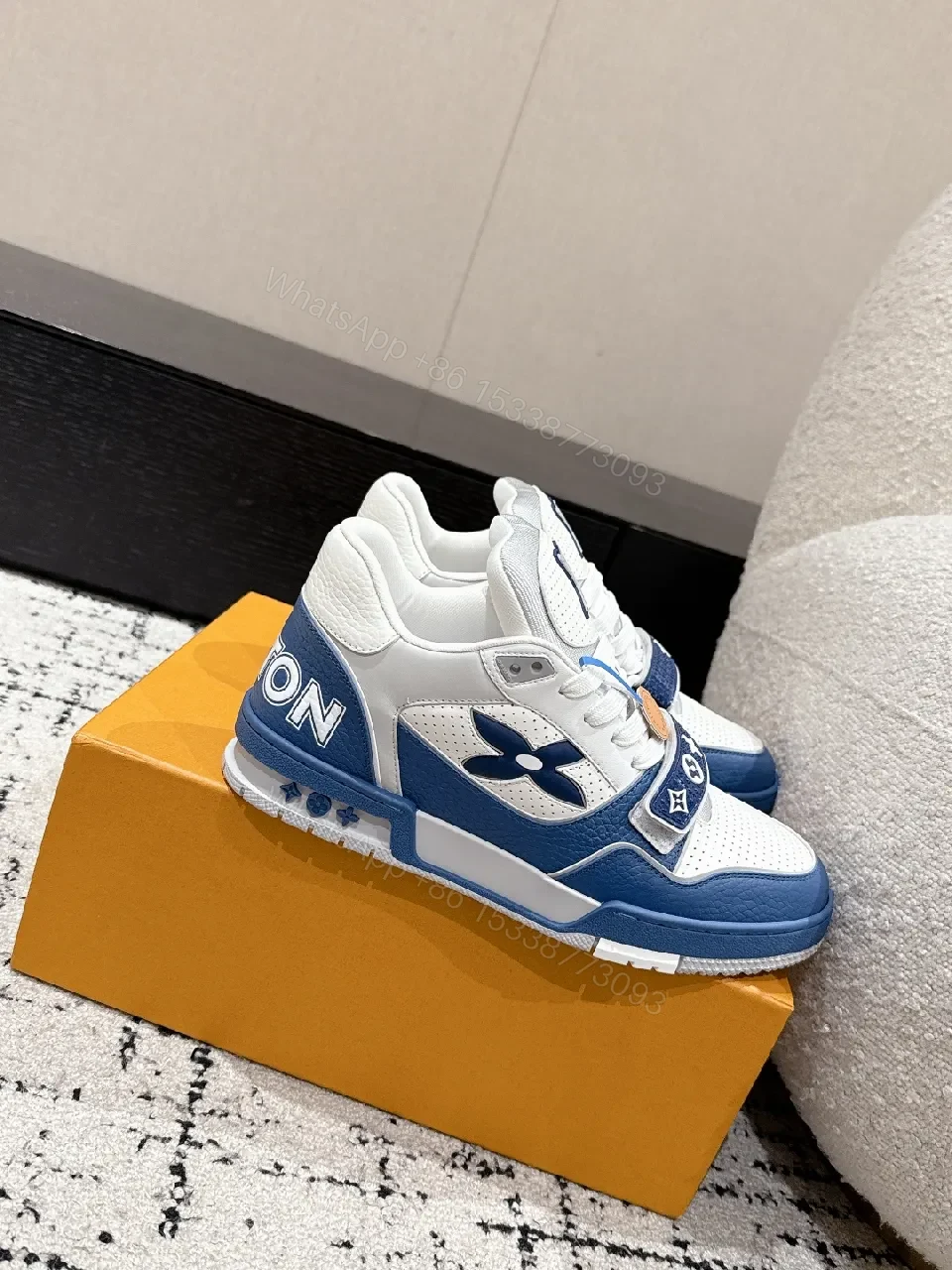 View 9 of Blue & White Luxe Leather High-Tops with LV Hints