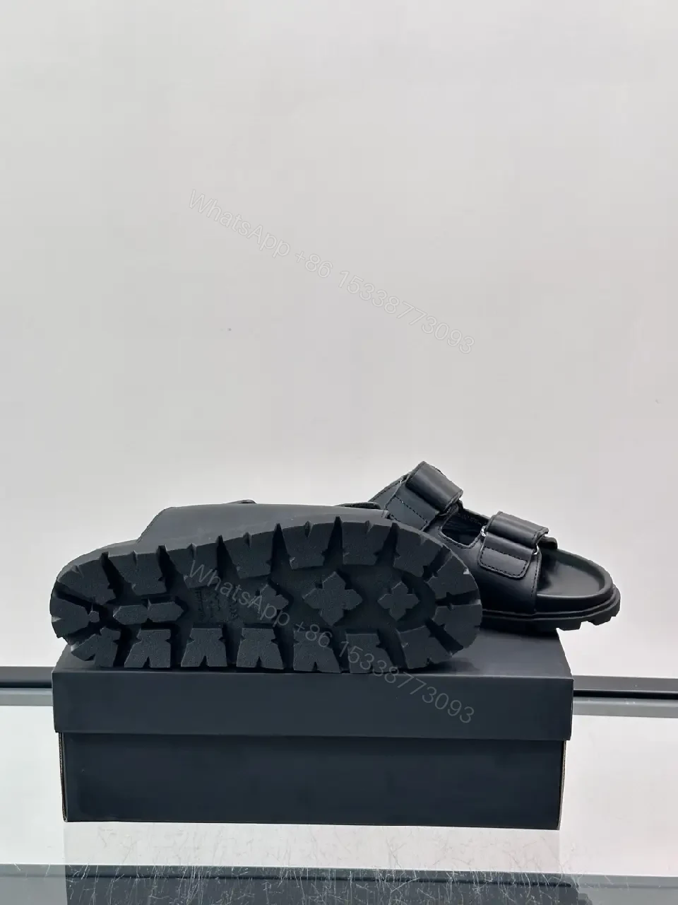 View 7 of Black Leather Sandals, Velcro Straps, Prada-Style Vintage Design Slippers