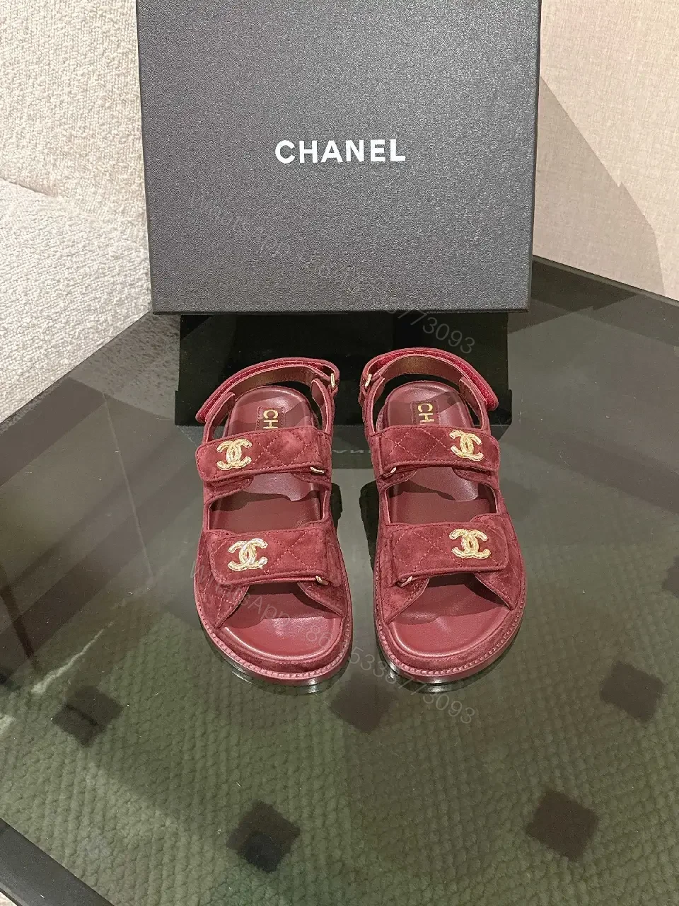 View 7 of Textured Burgundy Suede Slides with Gold Hardware - Luxe Comfort