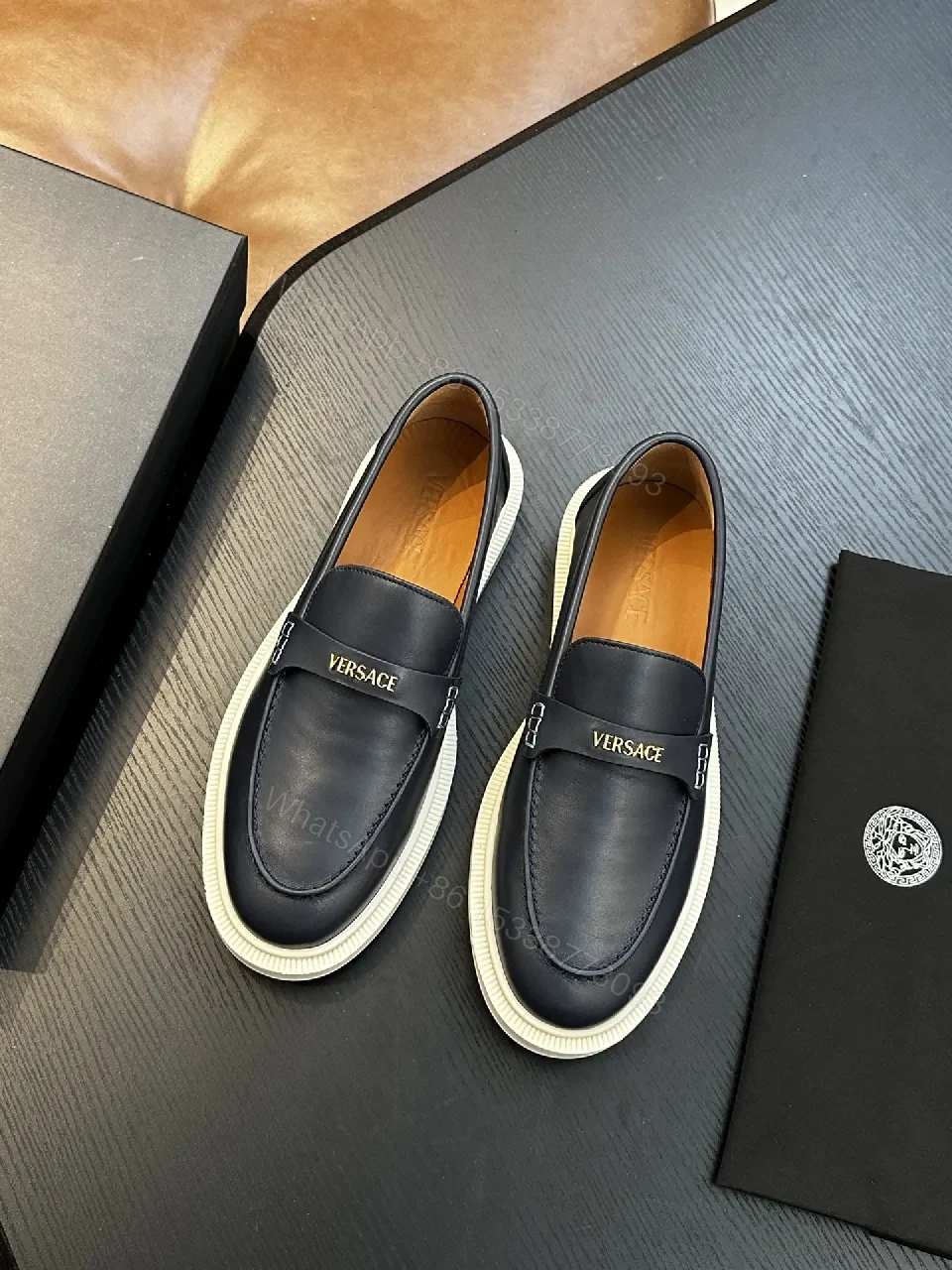 View 4 of Navy Leather Driver Loafers with Gold Hardware Details