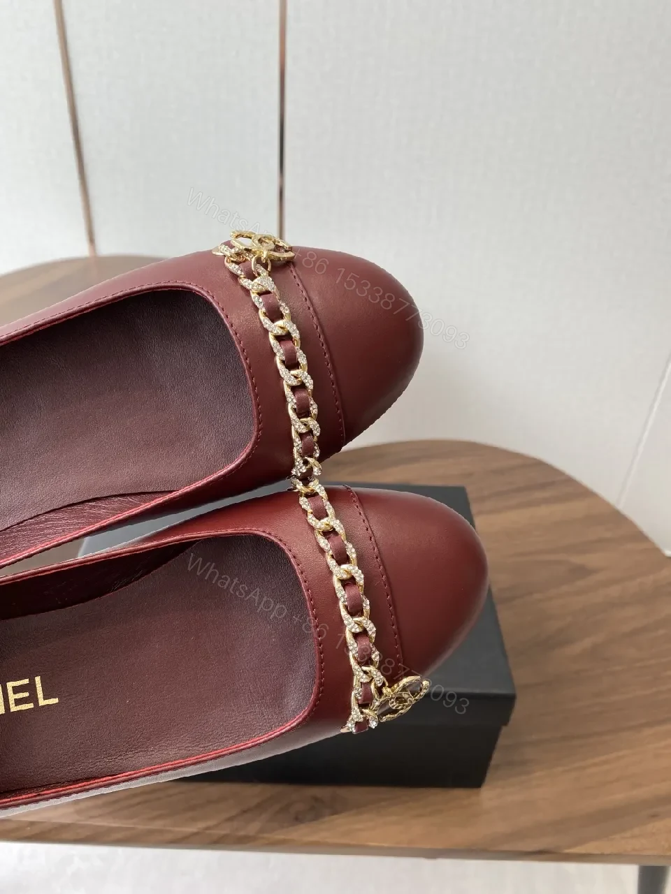 View 5 of Burgundy Leather Flats with Gold Chain Detail - Everyday Luxury