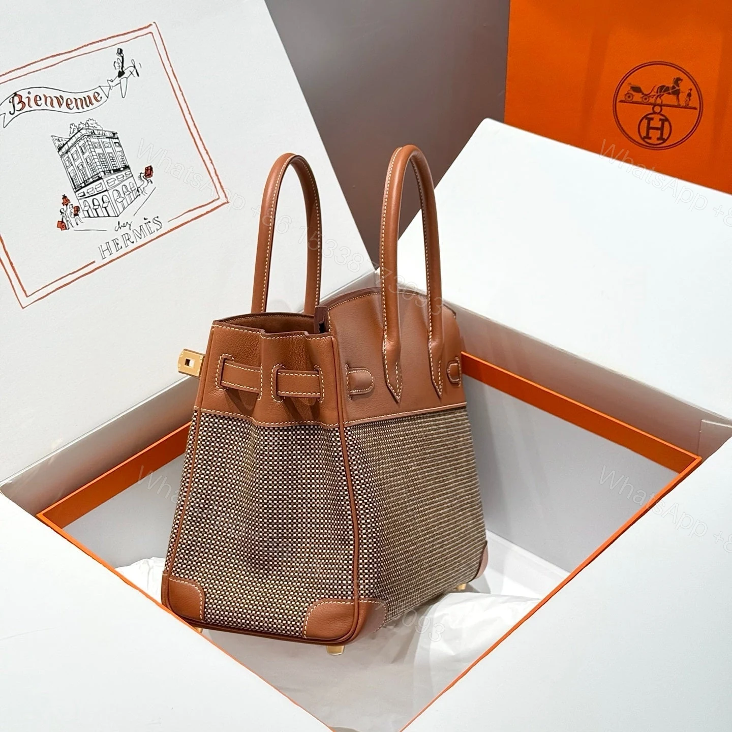 View 3 of HERMES BIRKIN 30CM IN GOLD SWIFT AND BLACK/WHITE/BROWN TOILE CANVAS