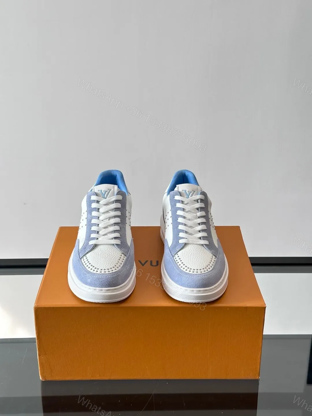 View 2 of LV Men White Blue Leather Suede Sneakers