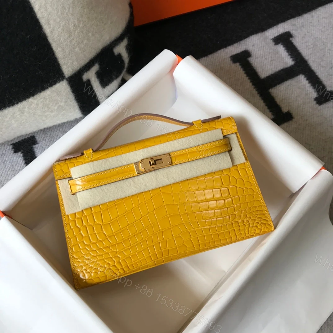 View 2 of H MINI KELLY POCHETTE CROCODILE GOLD TONED HARDWARE YELLOW 22CM