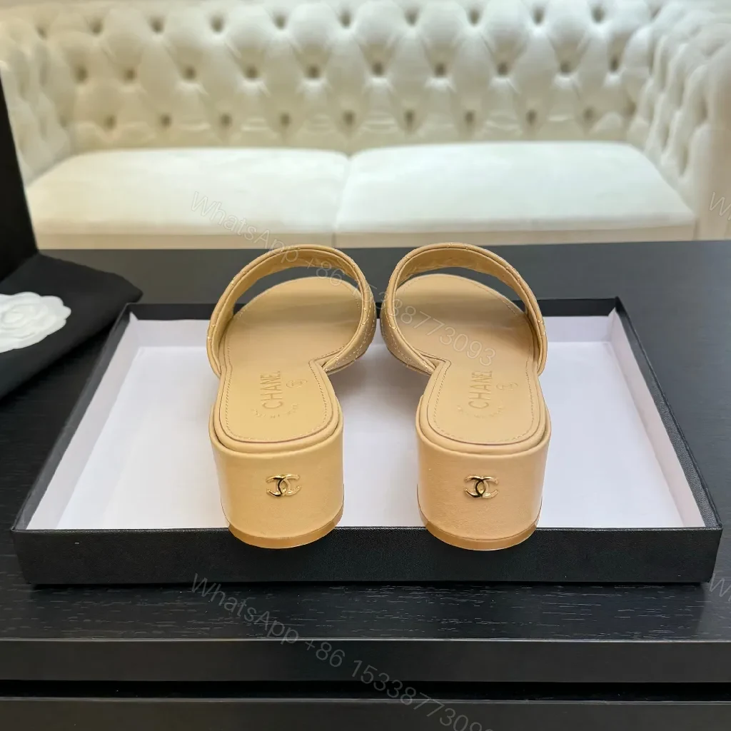 View 6 of Quilted Nude Slide with Logo Accent, Mid-Heel, Luxe Style