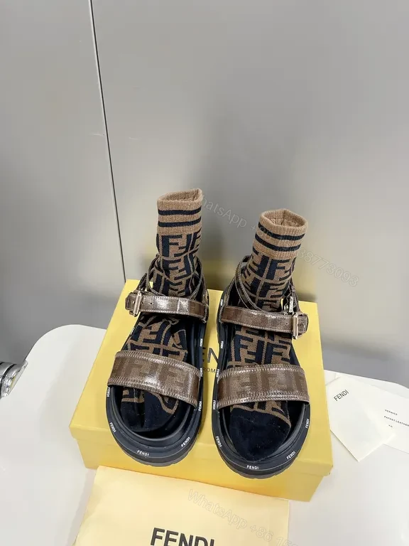 View 3 of Brown Leather Sandals + Fendi Logo Pattern + Slide + Adjustable Buckle + Sandals