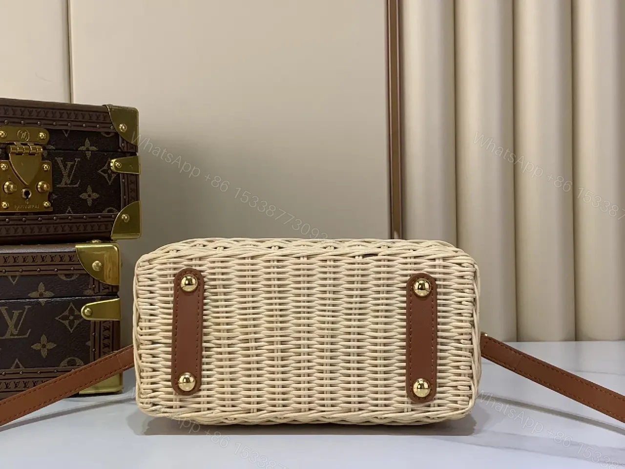 View 10 of Light Beige Straw Tote Bag with Leather Handles & Gold LV Charm