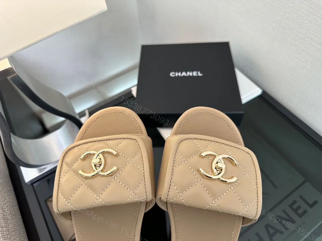 View 6 of Beige Quilted Slip-Ons with Gold Hardware Sandals