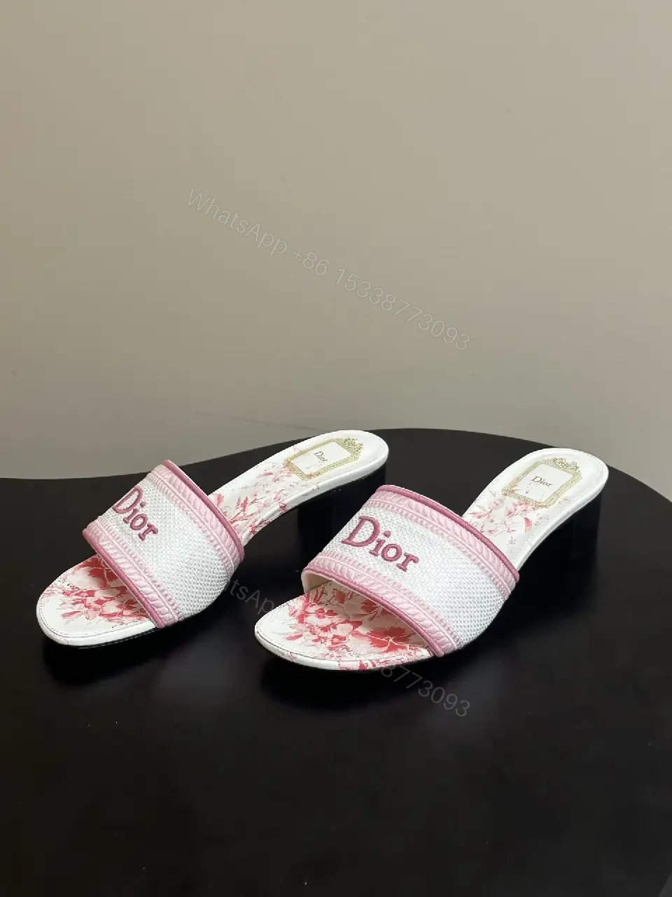 View 7 of pink and white monogram-patterned slide sandals with block heel for everyday luxury