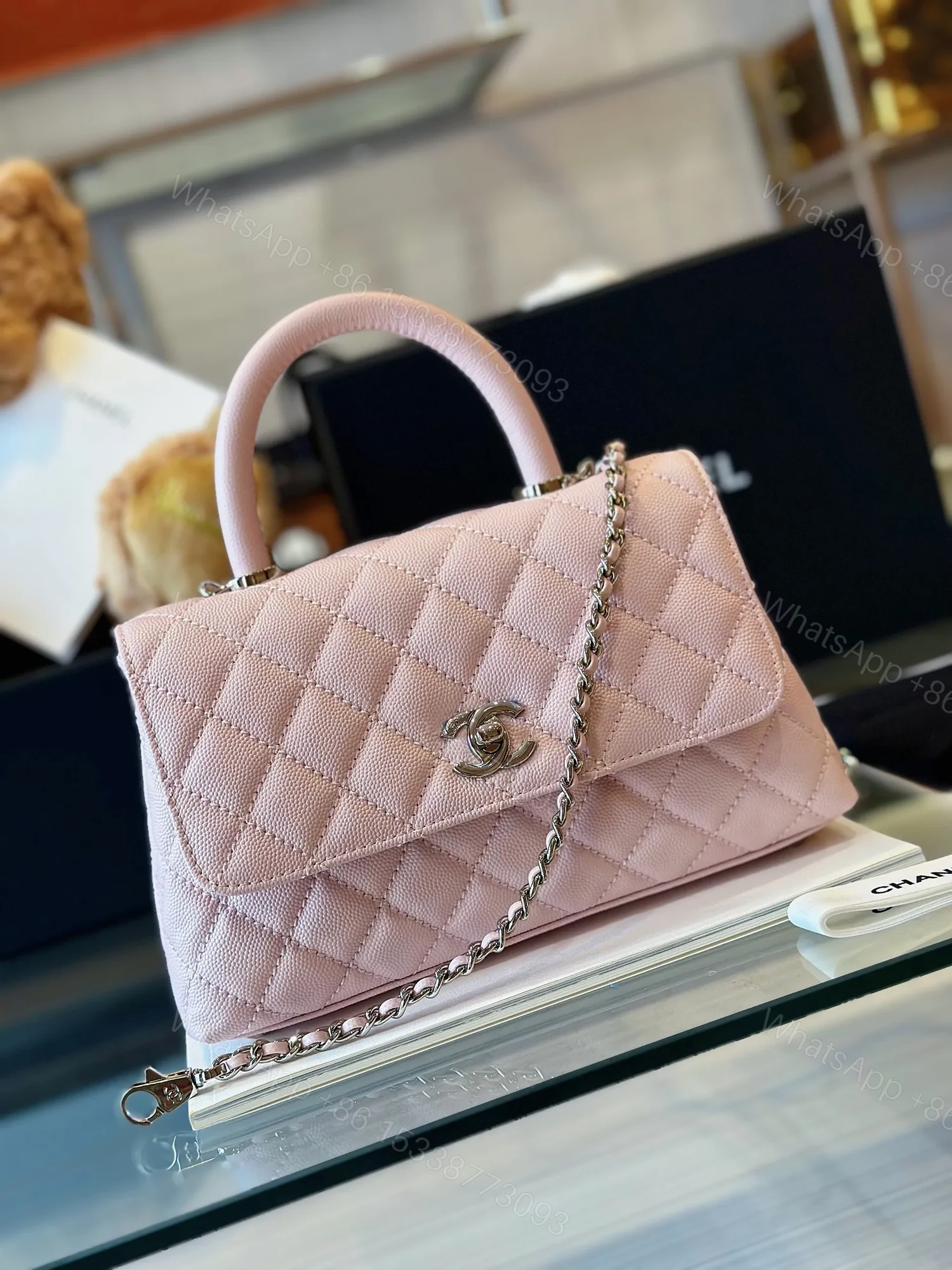 View 7 of Chanel Coco Handbags Leather Pink With Silver Lock 23cm