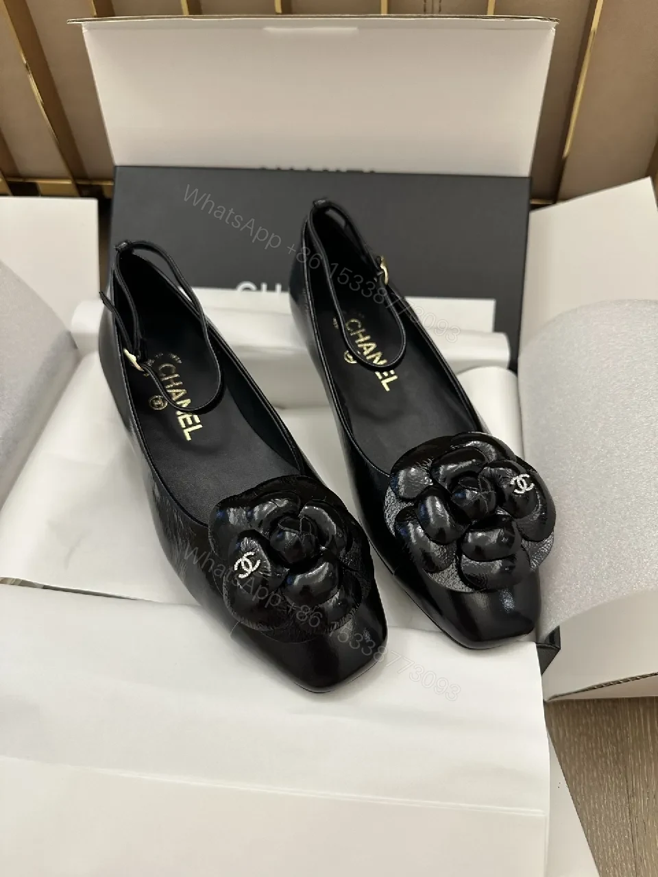 Glam Black Patent Flats with Floral Overlay, Slip-On Shoes — view 1