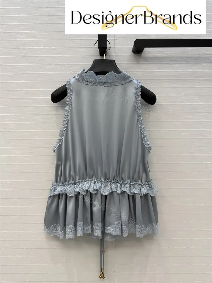 View 9 of Chloe Blue Silk-Satin Top with Lace Trim