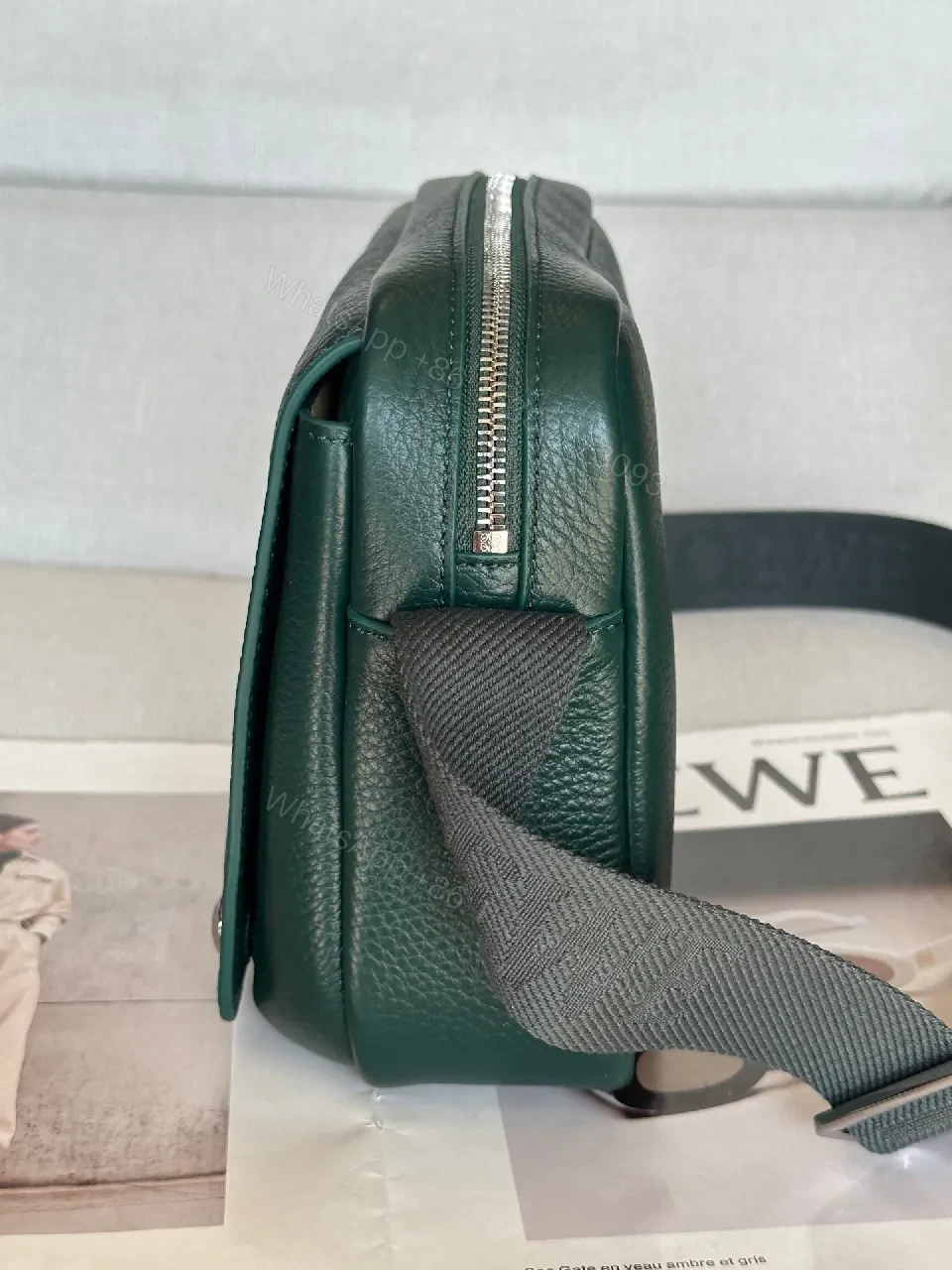 View 8 of Green Pebbled Leather Messenger: Structured, Compact, Crossbody Style