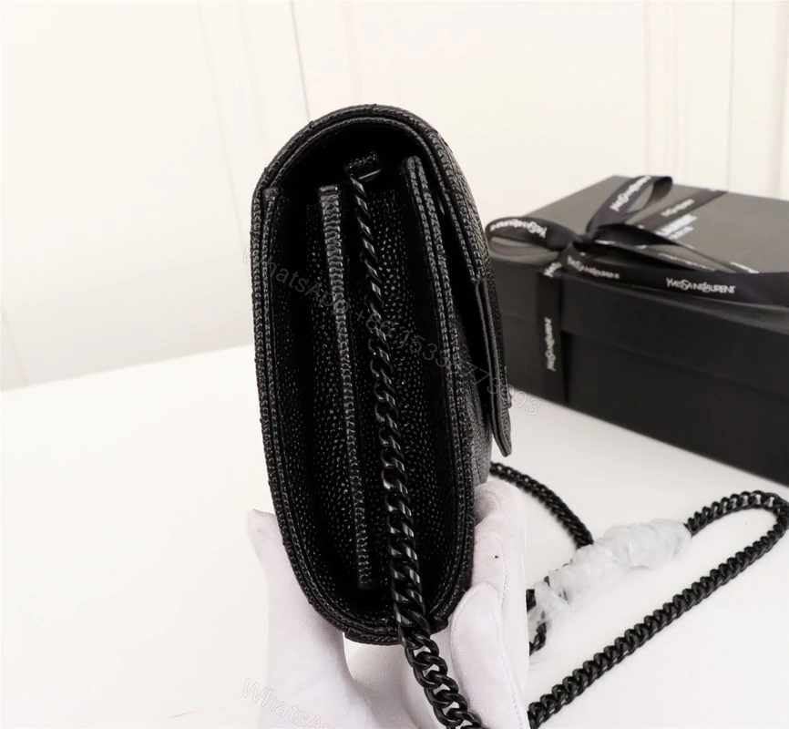 View 6 of Saint Laurent Cassandre Matelassé Chain Wallet In Grain De Poudre Embossed Black Noir 22Cm