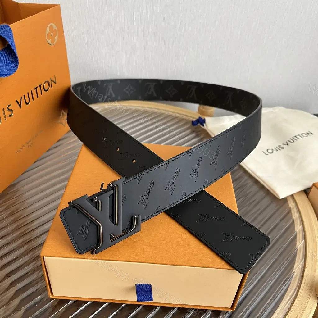 View 6 of Black Leather Belt Monogram Pattern with Gunmetal LV Buckle