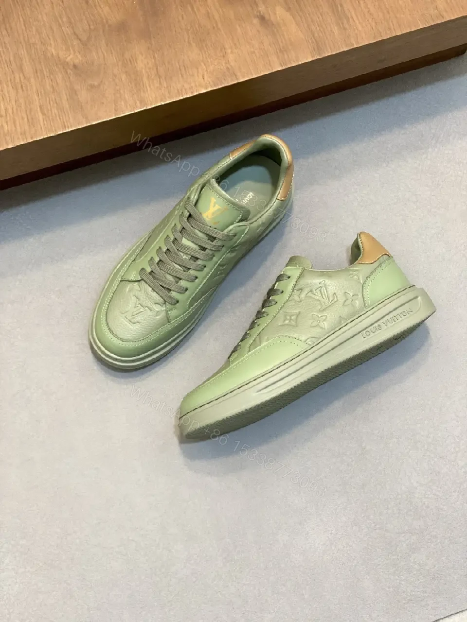 View 8 of Green Leather Sneaker: Subtle Monogram, All-Day Comfort, Modern Style