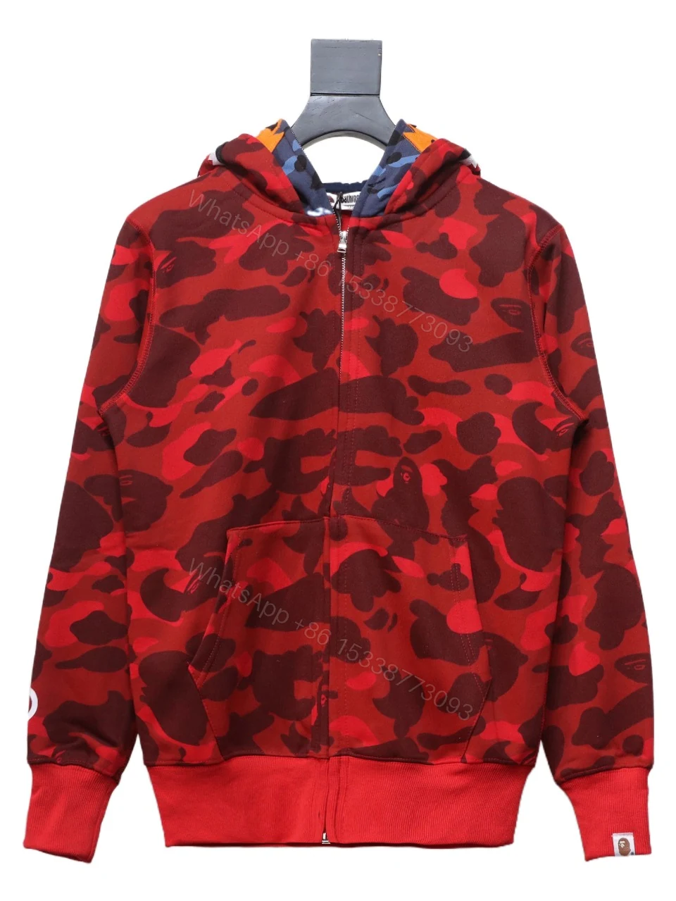View 6 of BAPE Shark's Head Tiger's Head Zipper Camo Double Hoodie Red