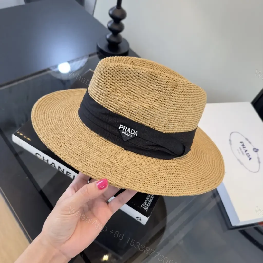 View 7 of Light Tan Straw Wide-Brimmed Floppy Hat with Black Ribbon Band