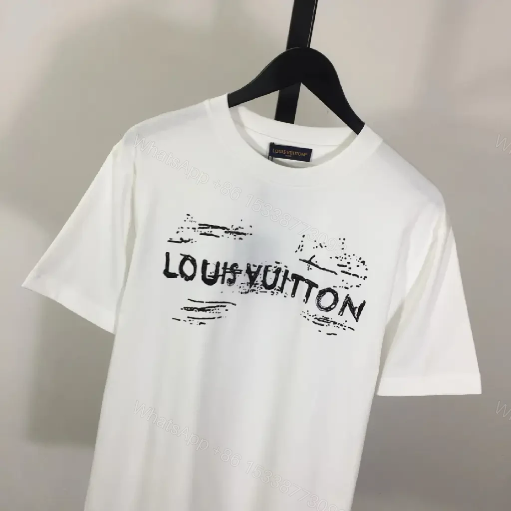 View 4 of White Cotton Graphic Tee with LV Brushwork - Relaxed Fit Tee