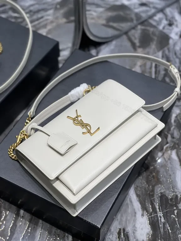 View 7 of Structured Leather Crossbody: White & Gold, YSL Emblem, Compact Luxury Bag