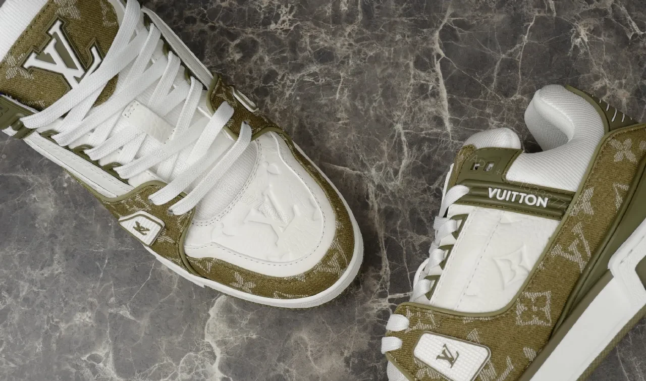 View 6 of Beige Leather High-Top Sneaker with LV Motif and Strap