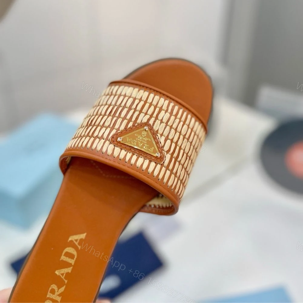 View 8 of Prada Leather Slides With Crochet Details Cognac Brown