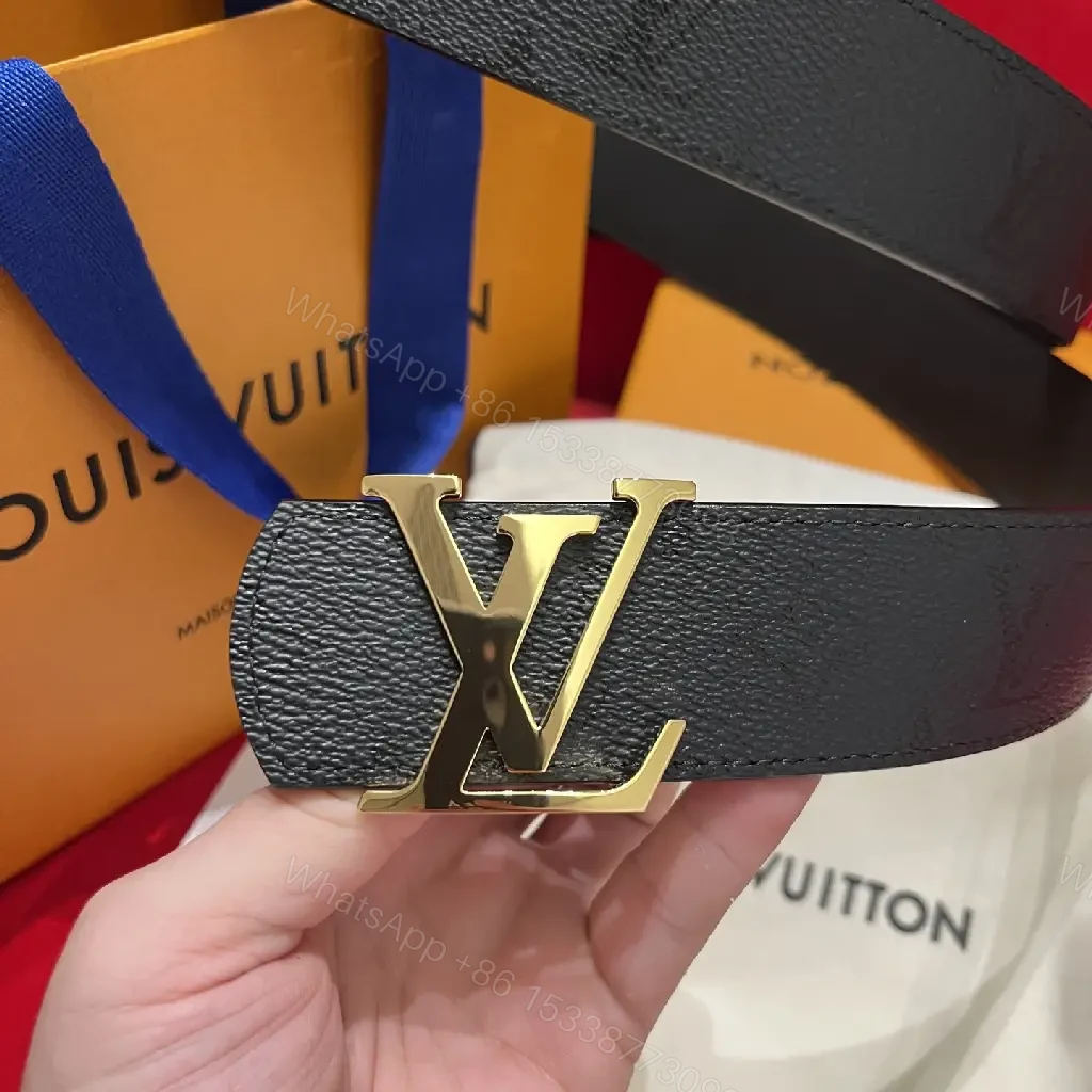 View 6 of Black Leather Belt Classic Luxury with Gold LV Buckle