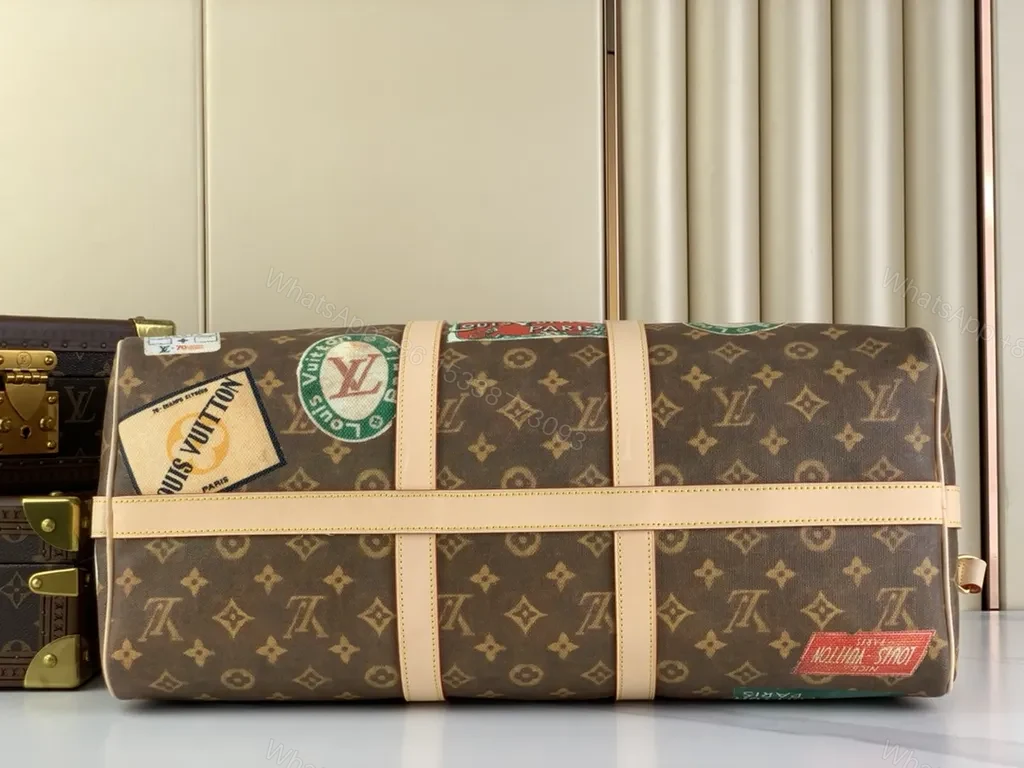 View 8 of Patchwork LV-Style Weekender: Luxury Travel Duffel with Patch Details