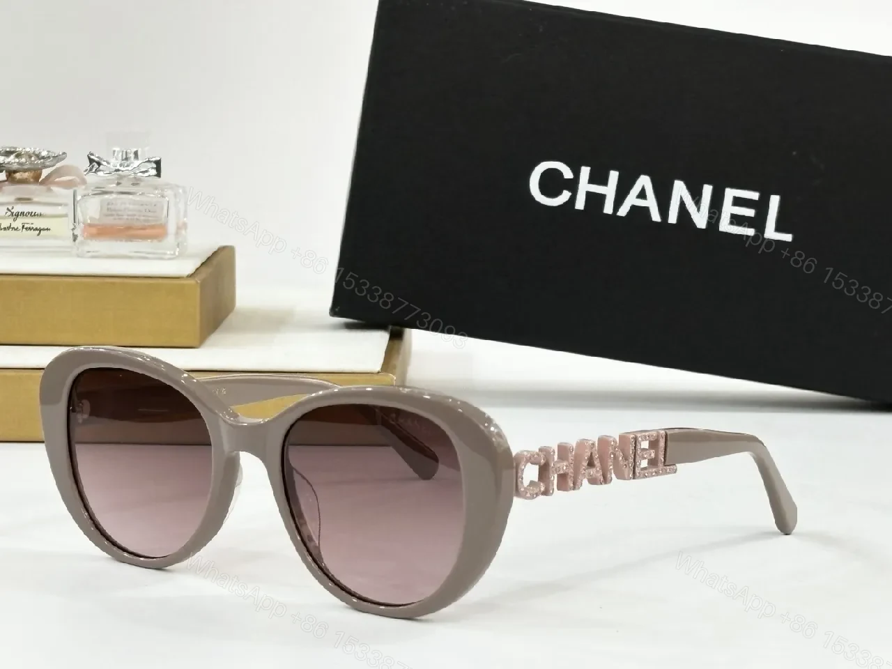 Chic Taupe-Pink Oversized Round Sunglasses with Logo Detail — view 1