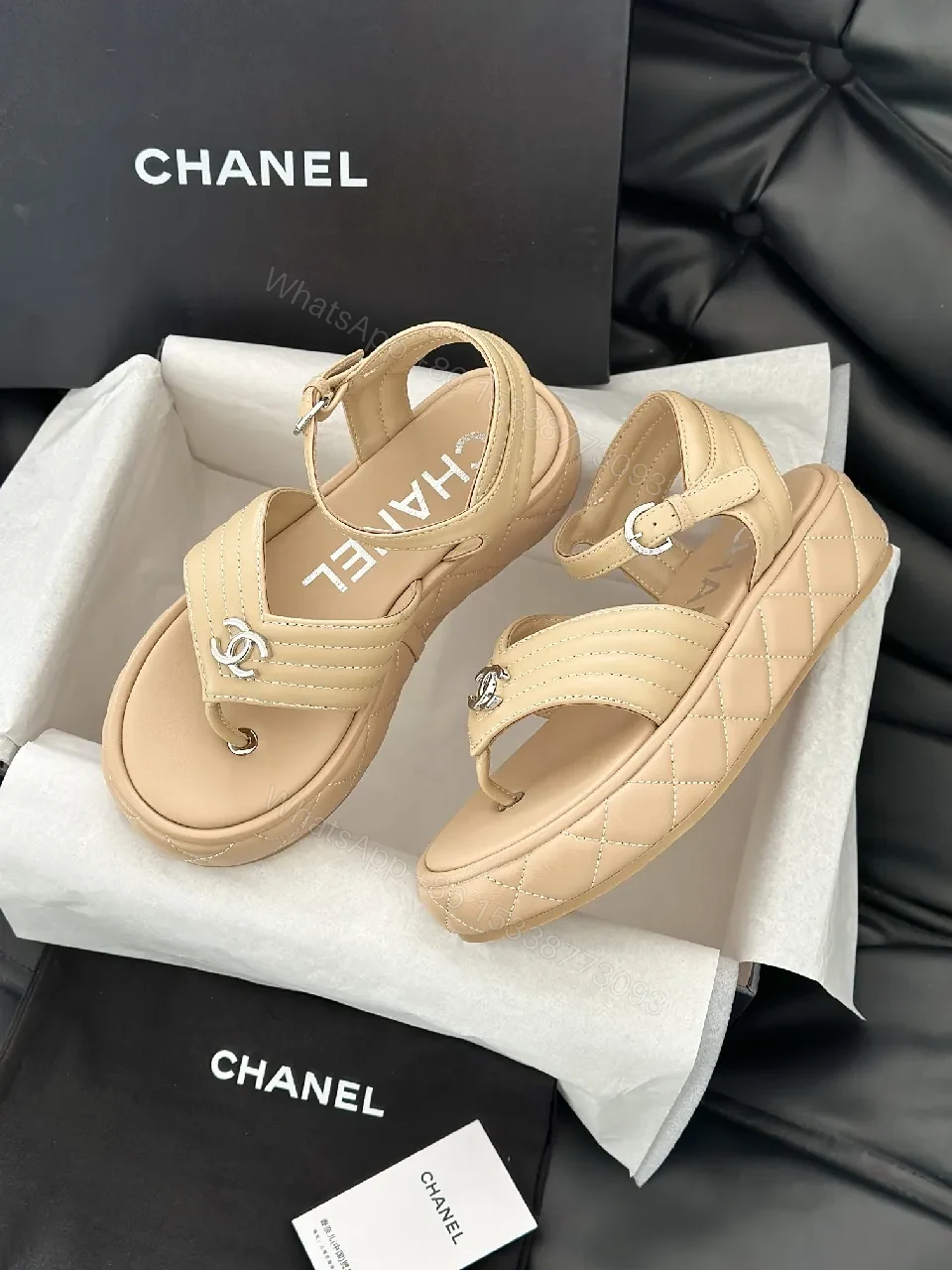 View 7 of Quilted Leather Sandal with Cushioned Footbed and Nude-Tan Strap