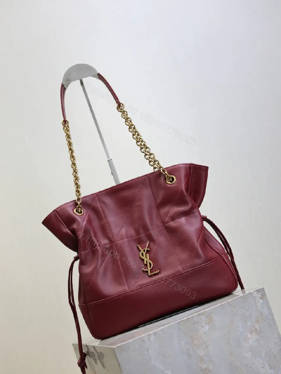 View 7 of Burgundy Quilted Tote: Luxury Satchel with Gold Hardware