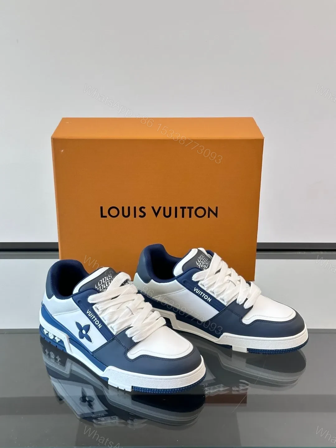 View 5 of LV Men White And Navy Leather Sneakers