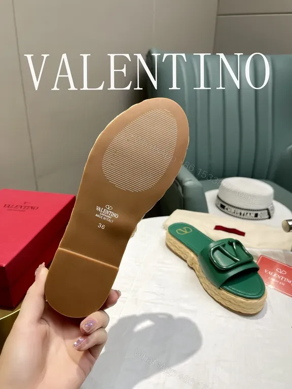 View 6 of Valentino Garavani Green Leather Slides with V Buckle