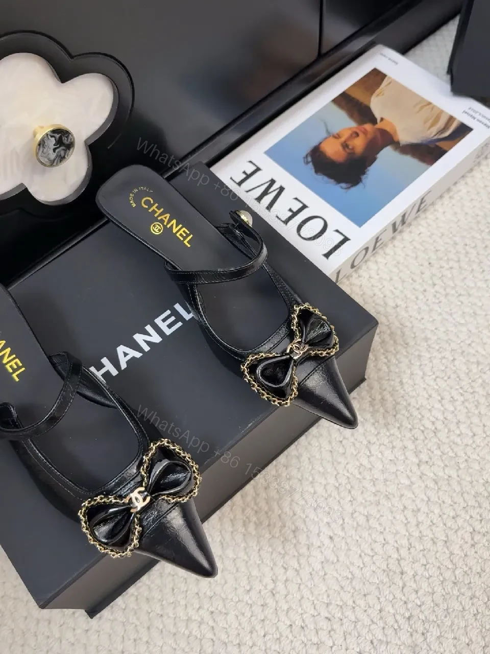 View 8 of Chic Black Patent Mule with Chain Bow Detail, Luxe Style