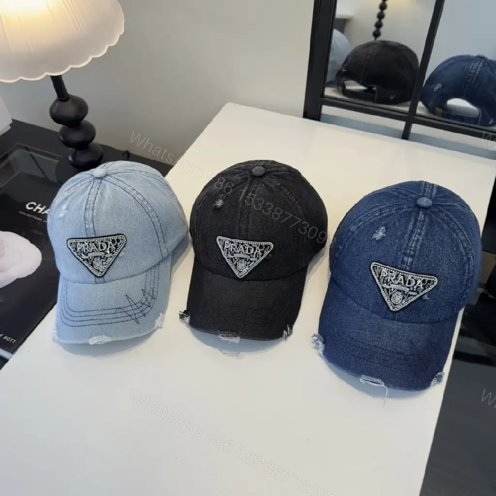 View 8 of Dark Denim Cap - Distressed, Rhinestone Prada Patch, Casual Baseball Cap