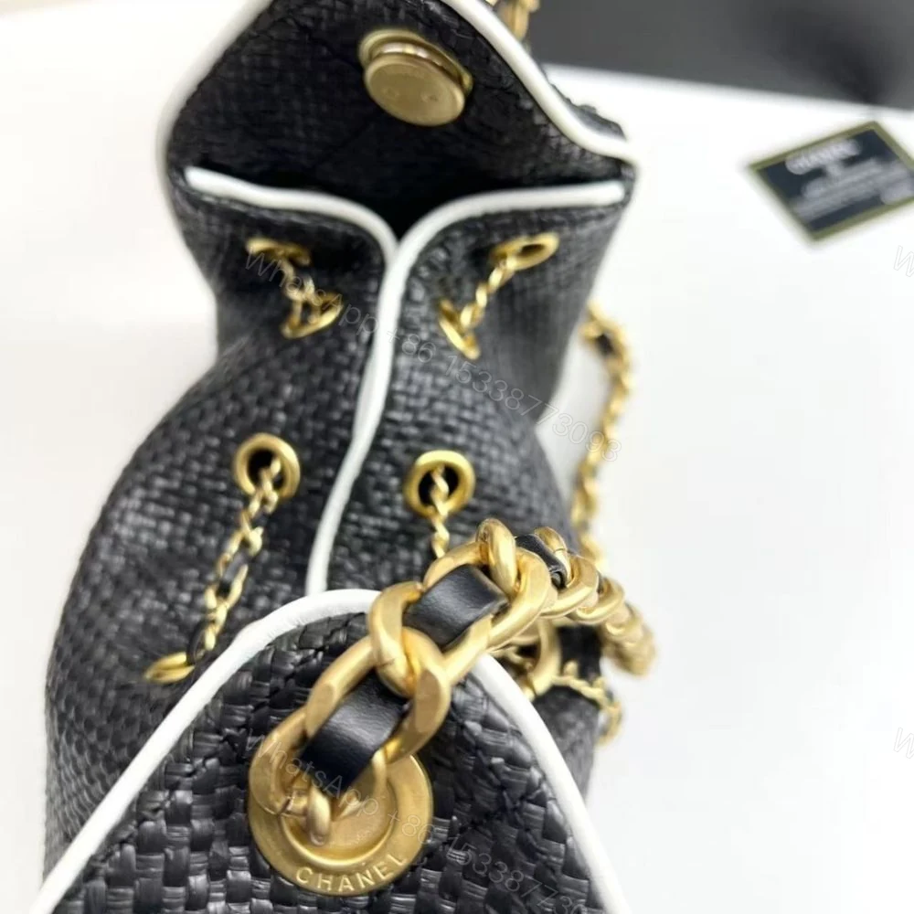 View 7 of Chanel 25 Small Handbag Braided Raffia Black And White 20Cm
