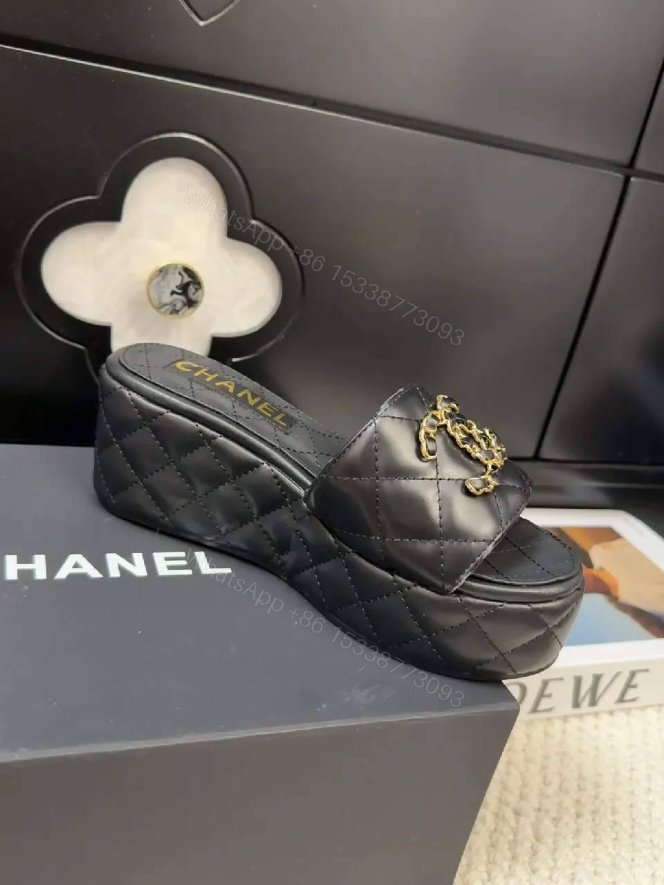 View 4 of Chic Quilted Mules: Black Vegan Leather, Gold Logo Slide