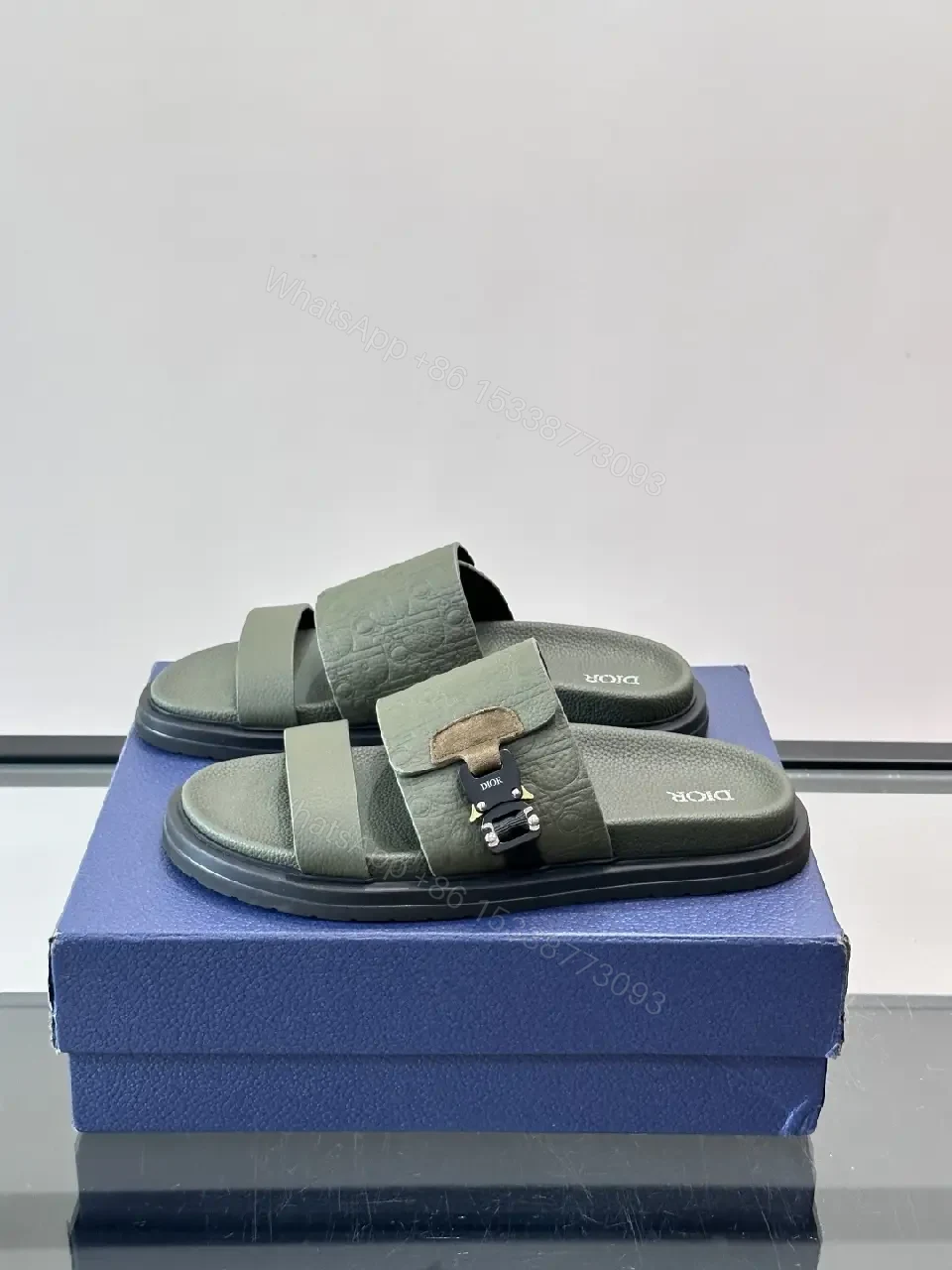 View 5 of Olive Green Embossed Leather Sliders Sandals