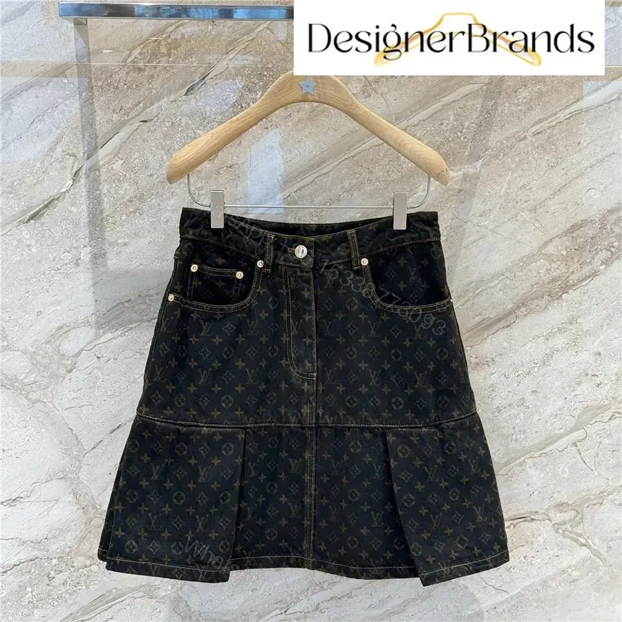 View 2 of Monogram-Denim A-Line Skirt with Visible Hardware