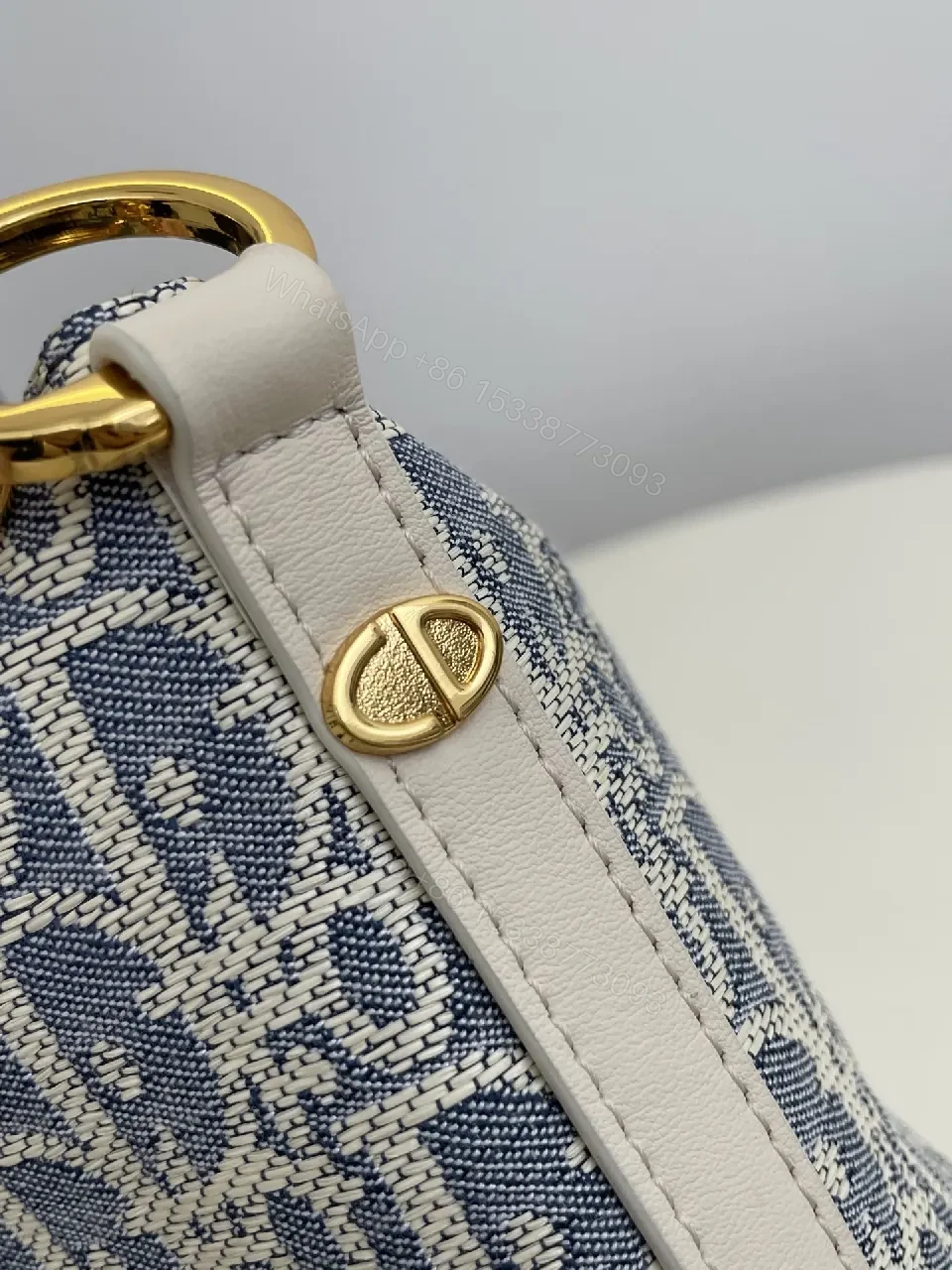 View 9 of Denim-Texture Mini Bag with White Leather Strap Signature Chic Luxury