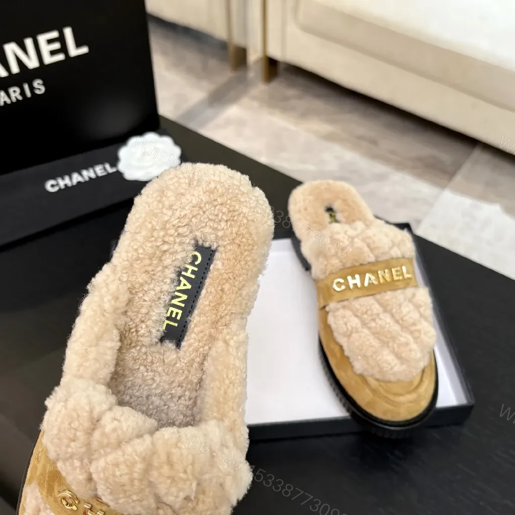 View 2 of Chic Shearling Mules: Gold Logo Slip-Ons, Camel Suede