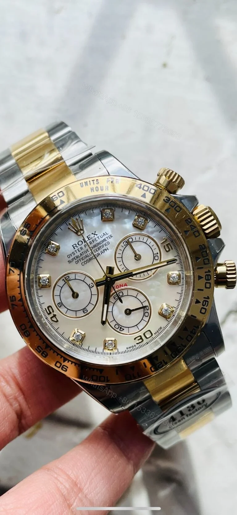 Replica Rolex Cosmograph Daytona Two-Tone Yellow Gold Mother of Pearl Diamond Dial 40mm — view 1